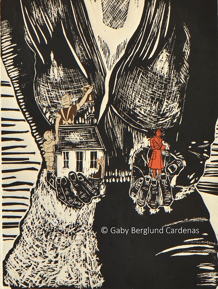 My piece at the museum: THE HANDS THAT TELL YOU STORIES, woodcut and collage, 2015