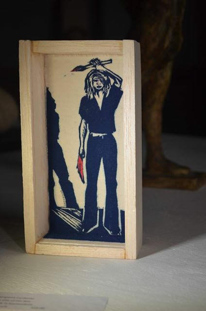 THE ARTIST IN THE BOX, woodcut, 2015 on display at Amara Hoeve Farm