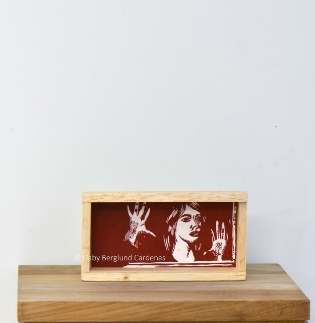 My Installation at Amara Farm: TAKE ME OUT OF THE BOX, woodcut print in Ecuadorian balsa wood., 2015