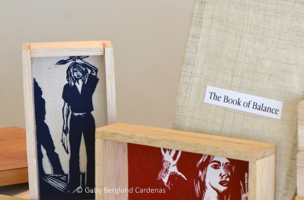 My woodcut prints framed in Ecuadorian balsa wood, 2015.